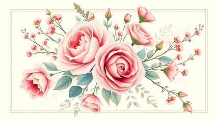 fine. Vintage watercolor floral composition featuring pink roses on pastel background. gardening catalogs, home-decor guides, designed for gardening and botanical catalogs, promotes healthy living.