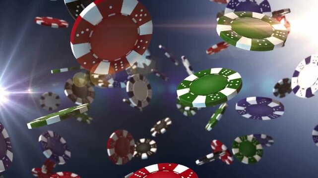 Colorful poker chips flying in dynamic motion scene