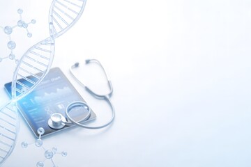 Medical science background with DNA structure, stethoscope and laboratory research elements