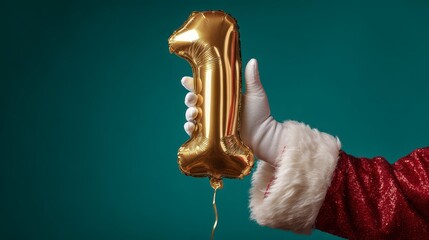 Close-up of a festive red and white suit sleeve, holding up a golden numeral one balloon against a teal background