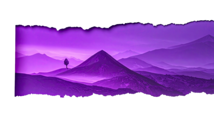 A serene landscape, majestic purple mountains rise amidst hazy atmosphere, a solitary tree
