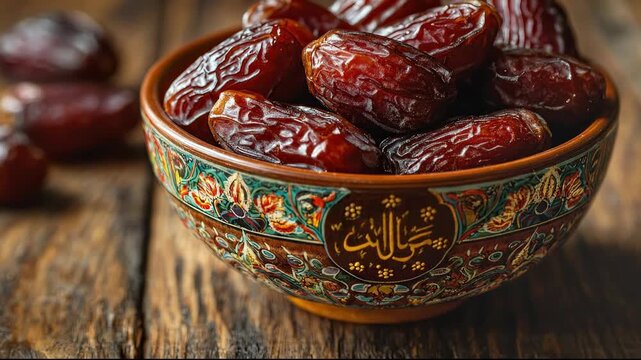 Close up of dried dates in ornate bowl with Arabic calligraphy for Ramadan Iftar on wooden table