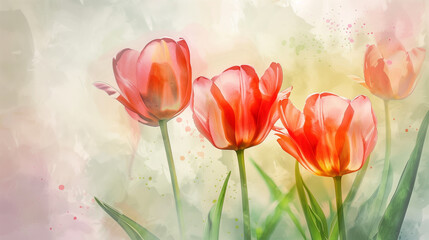 Watercolor painting of vibrant red tulips on a soft pastel background for spring and floral themes with copy space
