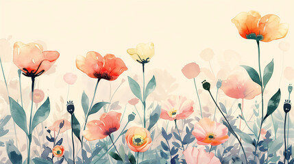 Watercolor illustration of colorful flowers in a vibrant field for spring and floral themes with copy space