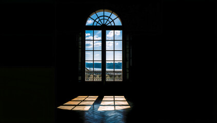Sunlight streams through a grand arched window onto a dark wooden floor