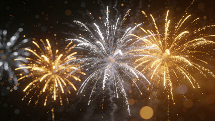 Golden and silver fireworks burst in a night sky, symbolizing celebration and joy.