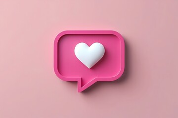 Pink speech bubble icon with white heart on pastel background social media notification 3d render