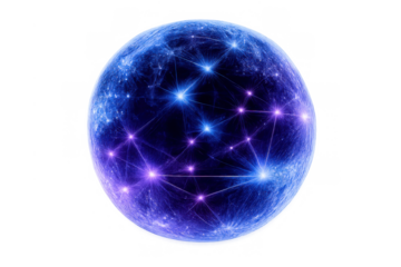 Futuristic blue and purple digital globe with glowing network connections, symbolizing global communication, ai, and data processing