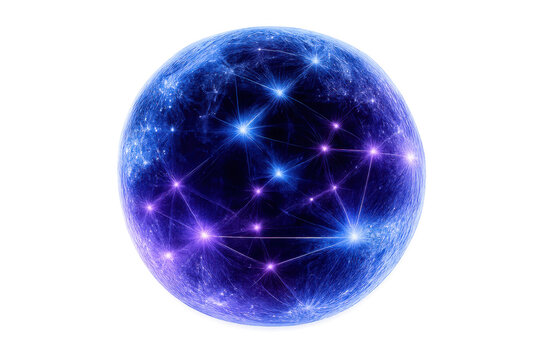 Futuristic blue and purple digital globe with glowing network connections, symbolizing global communication, ai, and data processing - Powered by Adobe