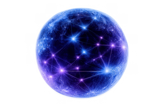 Futuristic blue and purple digital globe with glowing network connections, symbolizing global communication, ai, and data processing - Powered by Adobe
