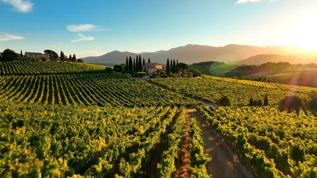 Scenic aerial view of a vineyard with a dirt road, Tuscan villa, and mountains under a bright sunny sky