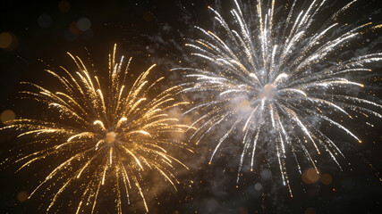 Golden and silver fireworks burst in a night sky, symbolizing celebration and joy.