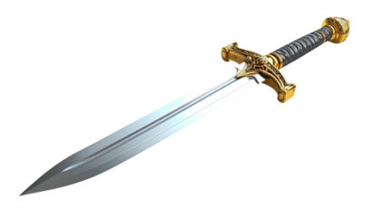 A regal, gleaming longsword, detailed with gold accents and a textured black grip