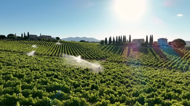 Aerial view of a vineyard with irrigation, a beautiful landscape with sunshine and buildings