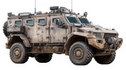 Detailed depiction of a beige armored military vehicle with a turret lights and robust tires on transparent background