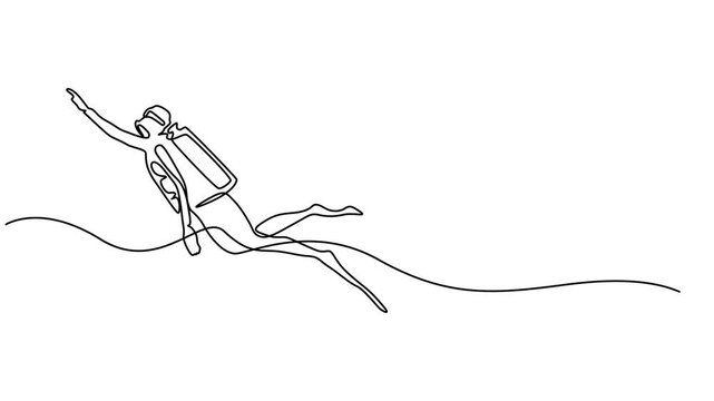 diver scuba continuous one line drawing animation, Self drawing animation one continuous line draw, logo, Abstract scuba diver, diver swimming underwater with scuba gear, Animation of one line drawing