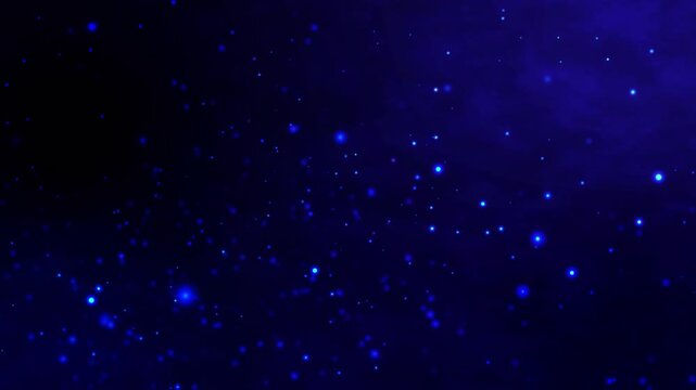 Beautiful blue shimmering Dust particles with dark on blue background in slow motion. Motion graphic animation of Dynamic get up in the wind bokeh Particles. Abstract digital cyber and technology