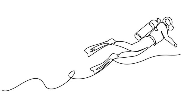 diver scuba continuous one line drawing animation, Self drawing animation one continuous line draw, logo, Abstract scuba diver, diver swimming underwater with scuba gear, Animation of one line drawing