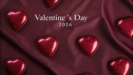 Valentine&rsquo;s Day 2026 Sparkling heart decorations for Valentine's Day on a textured burgundy background.