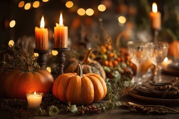A rustic Thanksgiving table display is depicted in passive voice, pumpkins with rich orange hues are visible, candles glow softly, string lights add festive ambiance 