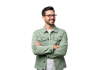 Lively modern man with glasses, smiling confidently, arms crossed isolated on transparent cutout background, cut out, png