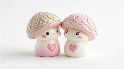 Valentine&rsquo;s Day 2026 Cute mushroom figurines with smiling faces, adorned with hearts and decorative tops.