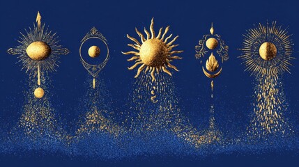 Golden Esoteric Celestial Symbols Collection with Sun Moon and Stars Graphics in Shimmering Gold Dust Texture on a Deep Blue Night Sky Background Creative Sacred Geometry and Astrology Illustration