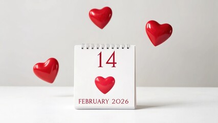 Valentine&rsquo;s Day 2026 Calendar displaying February 14 with floating red hearts, symbolizing love and Valentine's Day.