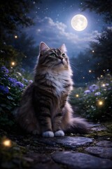 A calm cat sitting outdoors under a glowing full moon, creating a peaceful and dreamy nighttime atmosphere.
Category: Animals