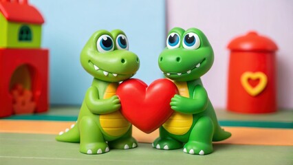 Valentine&rsquo;s Day 2026 Two playful toy dinosaurs holding a red heart in a colorful setting.