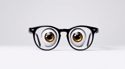 A pair of glasses with large, yellow eyes. The eyes are looking at the camera, and the glasses are black. The image has a playful and whimsical mood, as if the glasses are a character in a story