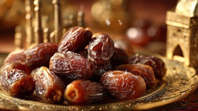 Close-up of sweet dried dates on golden plate for Ramadan Iftar with Islamic background