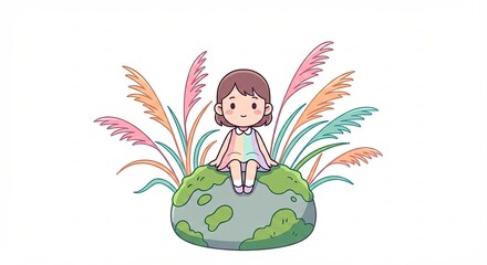 Kawaii Little Girl Character Sitting on Mossy Rock with Colorful Pampas Grass, Cute Pastel Illustration Isolated on White Background for Kids Design and Greeting Cards