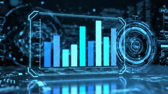 Blue Bar Graph On Tech Surface With Circular Hud And Data Visualization Elements Financial Data Charts Technology Background For Presentation Project Design