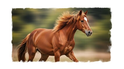 A brown horse with a flowing mane and tail running in a natural outdoor setting