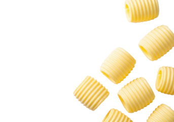 Golden-yellow, perfectly formed butter curls, meticulously sculpted with ribbed, elegant spirals, on a transparent surface, high-key studio, flat lay. Concept of gourmet culinary excellence