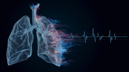 Digital graphic depicts lungs rendered as a wireframe with flowing particles of light and a corresponding heartbeat tracing