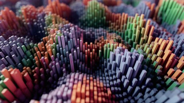 Colorful pine cones are arranged in a dense cluster with orange, green, blue, and purple hues creating a textured surface