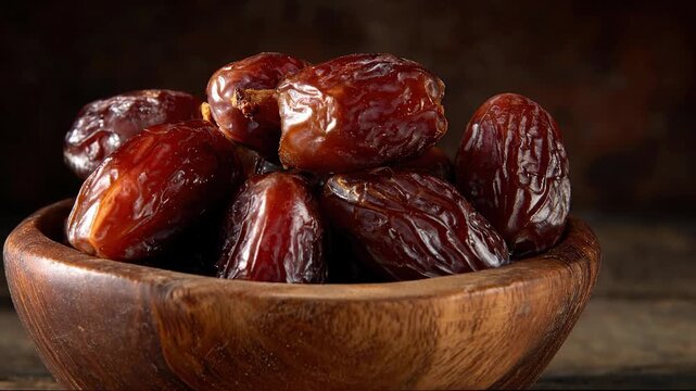 Close up of dried sweet dates in a wooden bowl on a rustic table, healthy organic fruit snack for Ramadan and Iftar