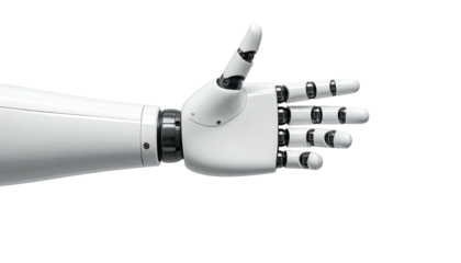 A robotic arm with a white, articulated hand gives a thumbs-up against a black background