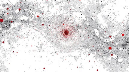 An abstract map of a city, a stylized visual of urban infrastructure depicted as spots in red, gray and black