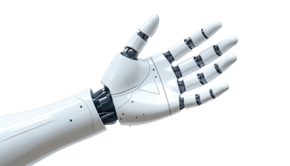 A robotic arm with articulated fingers, outstretched against a black background