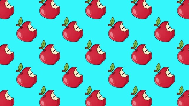 Animated seamless pattern featuring bitten red apples on a vibrant cyan background. Smooth scrolling motion creates a fun, fruity, and minimalist 2D cartoon aesthetic for creative projects