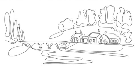 Landscape with village houses on bridge and river. Continuous one line drawing.