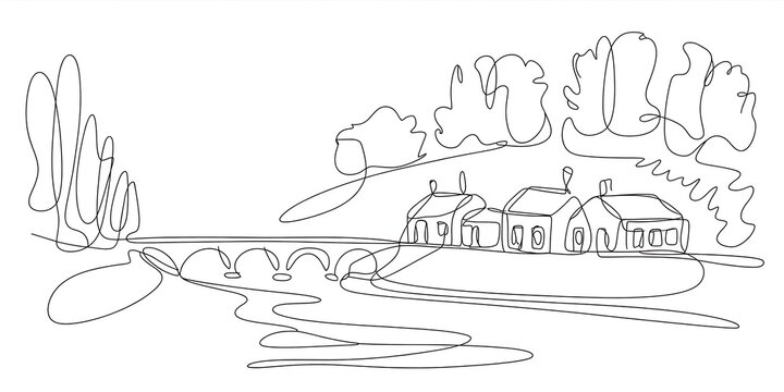 Landscape with village houses on bridge and river. Continuous one line drawing.