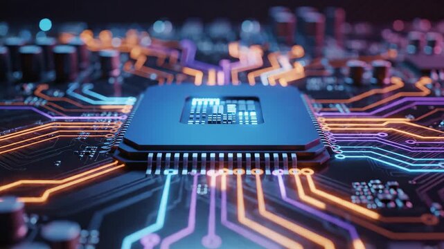 Illuminated Circuit Board With A Blue Chip And Glowing Orange And Blue Traces Set Against A Dark Blurred Background Under Soft Lighting Technology