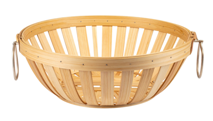A round, light-colored wooden basket with metal handles against a black background
