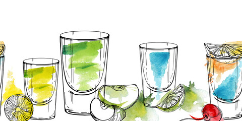 Electric blue Kamikaze, green Appletini or absinthe, lemon shot with cherry and lime. Watercolor and ink seamless header of party alcoholic drinks and juices hand drawn for bar branding, drink guides