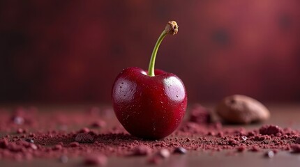 Single dark red cherry with stem fruit food fresh