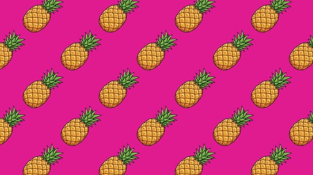 Vibrant 2D animation of a repeating pineapple pattern moving across a magenta background. A fun, tropical fruit seamless loop for summer-themed video projects, social media, and digital marketing